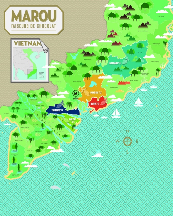 Carte du sud du Vietnam, avec les plantations de cacaoyers Carte du sud du Vietnam, avec les plantations de cacaoyers