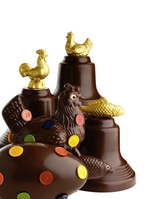 Les symboles de Pâques : œufs, poules, poissons et cloches en chocolat. La collection de Pâques de Jean-Paul Hévin©